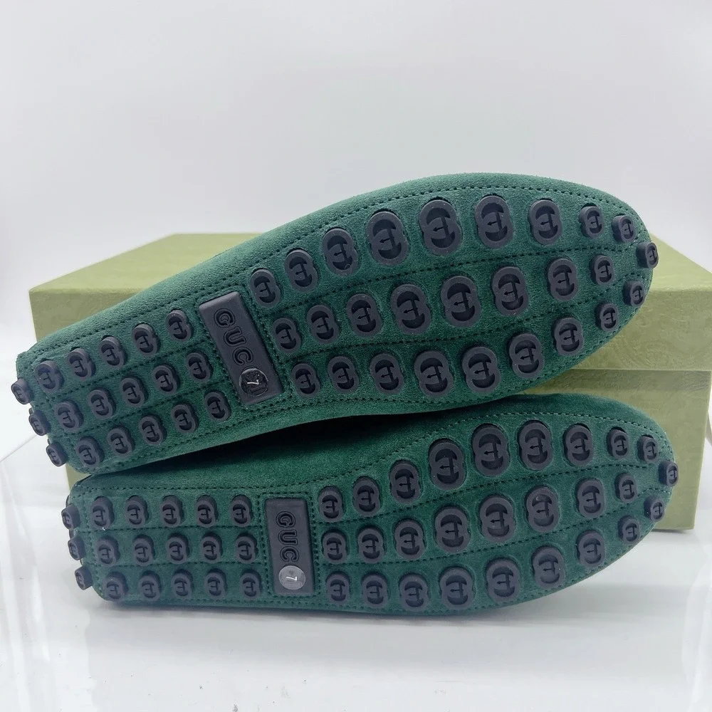 Gucci Driver Loafers Moccasin GG Horsebit Vintage Green Suede Womens UK 7 US 10